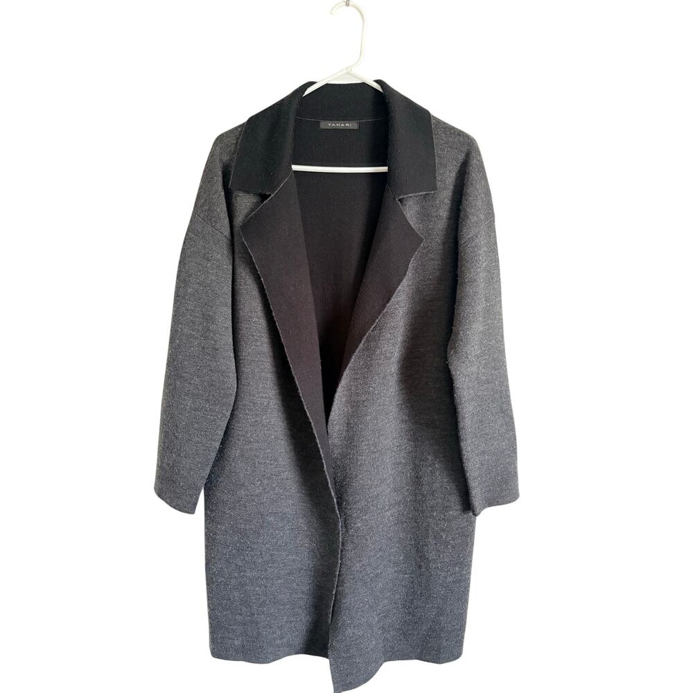 Tahari Gray Wool Blend Open Front longline Duster Cardigan Coat Large Lagenlook